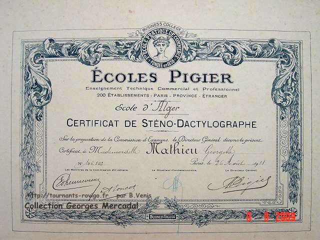 Certificat de sténo-dactylographe à Georgette Mathieu